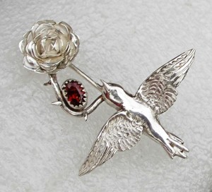 The Nightingale and the Rose brooch, fine silver