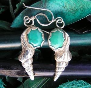 Shell earrings, 999 silver, turquoise