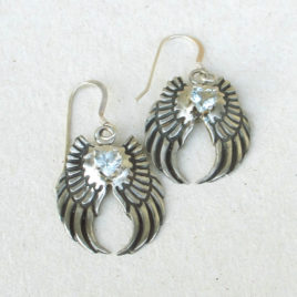 Angel wing earrings silver, aquamarine hearts