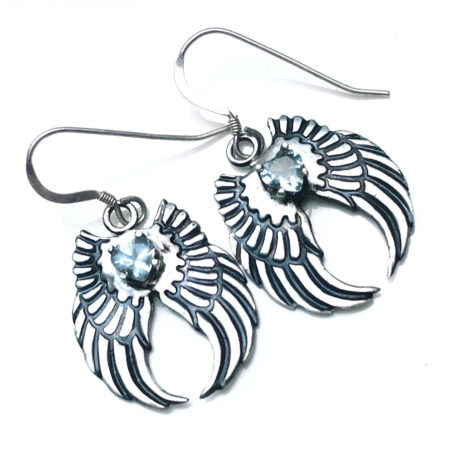Angel wing earrings silver, aquamarine hearts