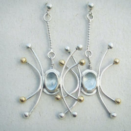 Silver gold aquamarine dangles, 925 silver 14 k gold