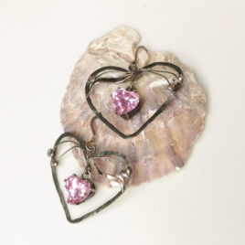 Silver pink heart earrings Art Nouveau style, shiny pink CZ hearts