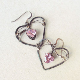 Silver pink heart earrings, Art Nouveau style