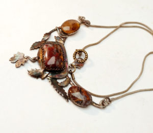 Rusty pietersite necklace silver leaves, oxidized rustic look
