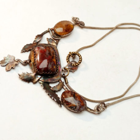 Rusty pietersite necklace silver leaves, oxidized rustic look
