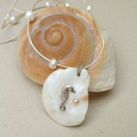 Seahorse necklace silver and pearls, sea shell