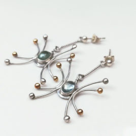 Silver gold aquamarine dangles, 925 silver 14 k gold