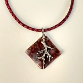Large square jasper necklace, sterling silver, red leather