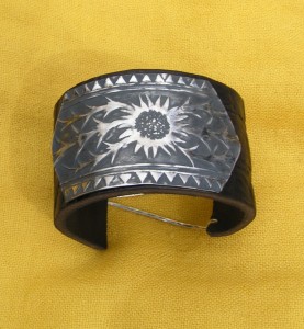 Leather cuff, fine silver plate with a flower print