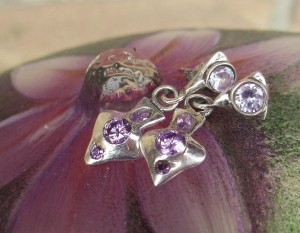 Fine silver purple heart earrings, 999 silver