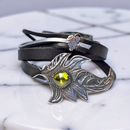 Leather wrap bracelet fine silver leaf, amber