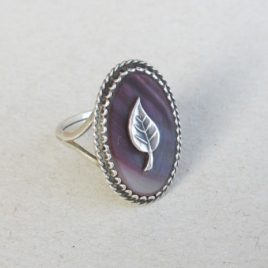 Mother of pearl silver ring, sterling leaf ring