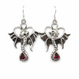 Gothic dragon earrings fine silver from precious metal clay, 6x6 mm trillion red garnet