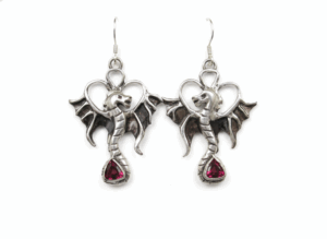 Gothic dragon earrings fine silver from precious metal clay, 6x6 mm trillion red garnet