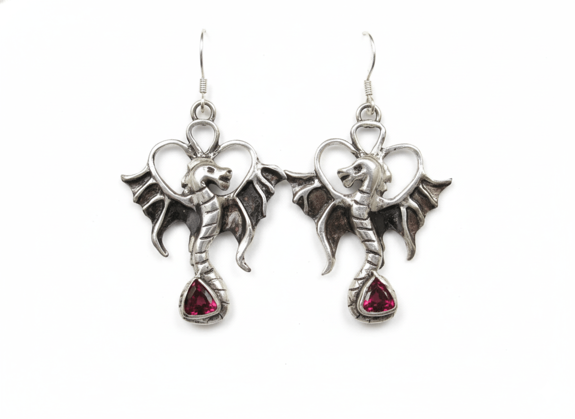 Gothic dragon earrings fine silver from precious metal clay, 6x6 mm trillion red garnet