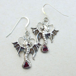 Fine silver dragon earrings red garnet