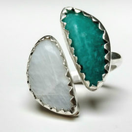 Double crescent moon ring, amazonite, moonstone, sterling silver, adjustable size