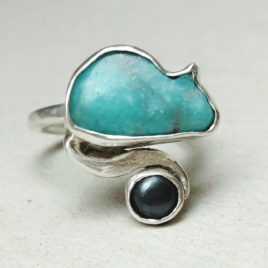 Small size cat ring, amazonite, sterling silver