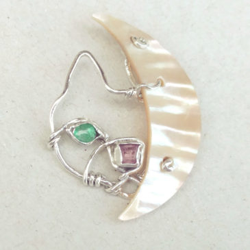 Green eyed cat pendant, raw emerald, raw pink tourmaline, mother of pearl, sterling silver