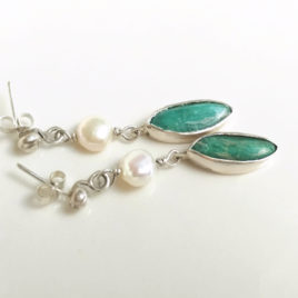 Teal green earrings amazonite, sterling silver, white pearl