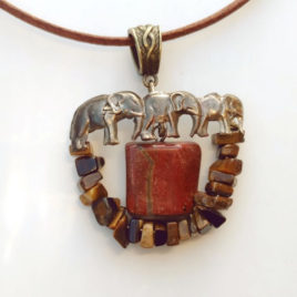 Elephant necklace with jasper and tiger eye, bronze and leather