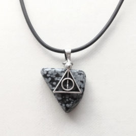 Black Deathly Hallows necklace, triangle snowflake obsidian, rubber chain