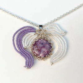 Charoite necklace purple white beads, jasseron chain