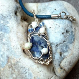 Blue denim lapis necklace, wire wrapped, pearls, crystals, leather
