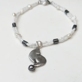 Cat charm bracelet, beaded, black white: hematite, pearls, 925 silver