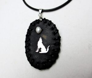 Howling wolf moon necklace sterling silver, genuine pearl, on 1,5 mm thick leather cord
