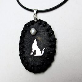 Howling wolf moon necklace sterling silver, genuine pearl, on 1,5 mm thick leather cord