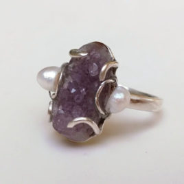 Amethyst druzy ring sterling silver, pearls