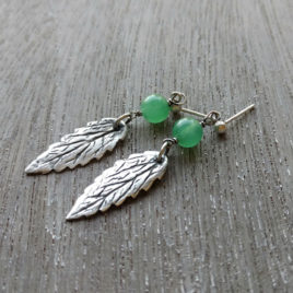 Precious metal clay leaf earrings, catnip, chrysoprase