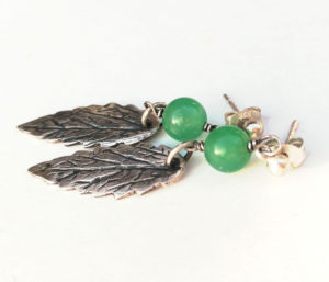 Precious metal clay leaf earrings with green chrysoprase bead