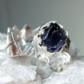 Raw iolite ring, herkimer diamond, sterling silver