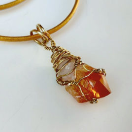 Pointed citrine crystal necklace, gold colored brass wire wrapped
