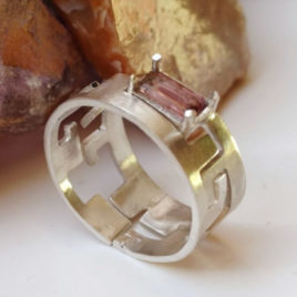 Puzzle stack ring tourmaline, pink faceted tourmaline rectangle, 925 silver
