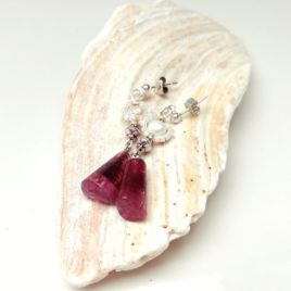 pink tourmaline triangle earrings, pearl, sterling silver pins