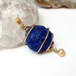 Raw azurite necklace gold filled wire, large azurite ball