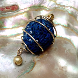 Raw azurite necklace gold filled wire, large azurite ball