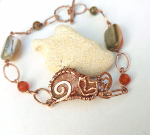 chain cat bracelet copper, sun stone, unakite, carnelian, pearl