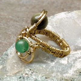 Infinity ring brass wire wrapped, two stone beads: hawks eye, chrysoprase