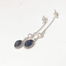Raw iolite dangles, white pearl, sterling silver