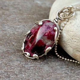 Tumbled rubellite necklace, pink tourmaline rubellite pendant on 925 silver ball chain