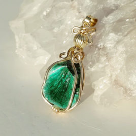 Fibrous malachite necklace gold filled wire