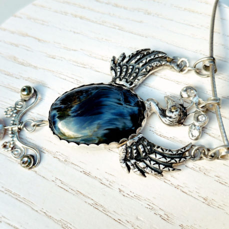 Blue Pietersite necklace, phoenix bird, sterling silver