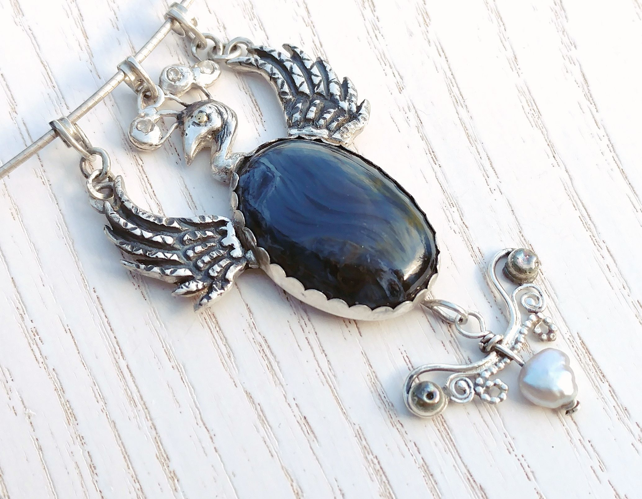 Blue Pietersite necklace, phoenix bird, sterlingsilver