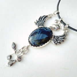 Blue Pietersite necklace, phoenix bird, fine silver 999