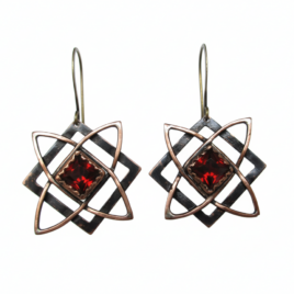 Copper Star of Svarog earrings, red garnet, celtic style dangles 3x3 cm