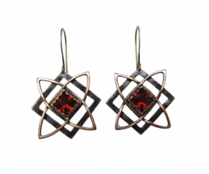 Copper Star of Svarog earrings, red garnet, celtic style dangles 3x3 cm